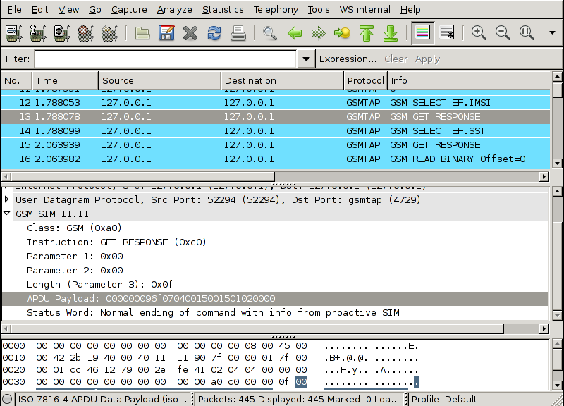 screenshot of first wireshark simtrace plugin